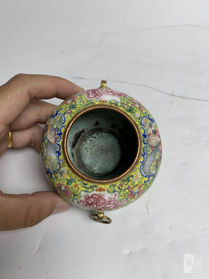 清乾隆 铜胎画珐琅西洋人物图活环耳水丞 - 图4